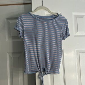 Striped Blue, White, and Brown Tie-Front Top